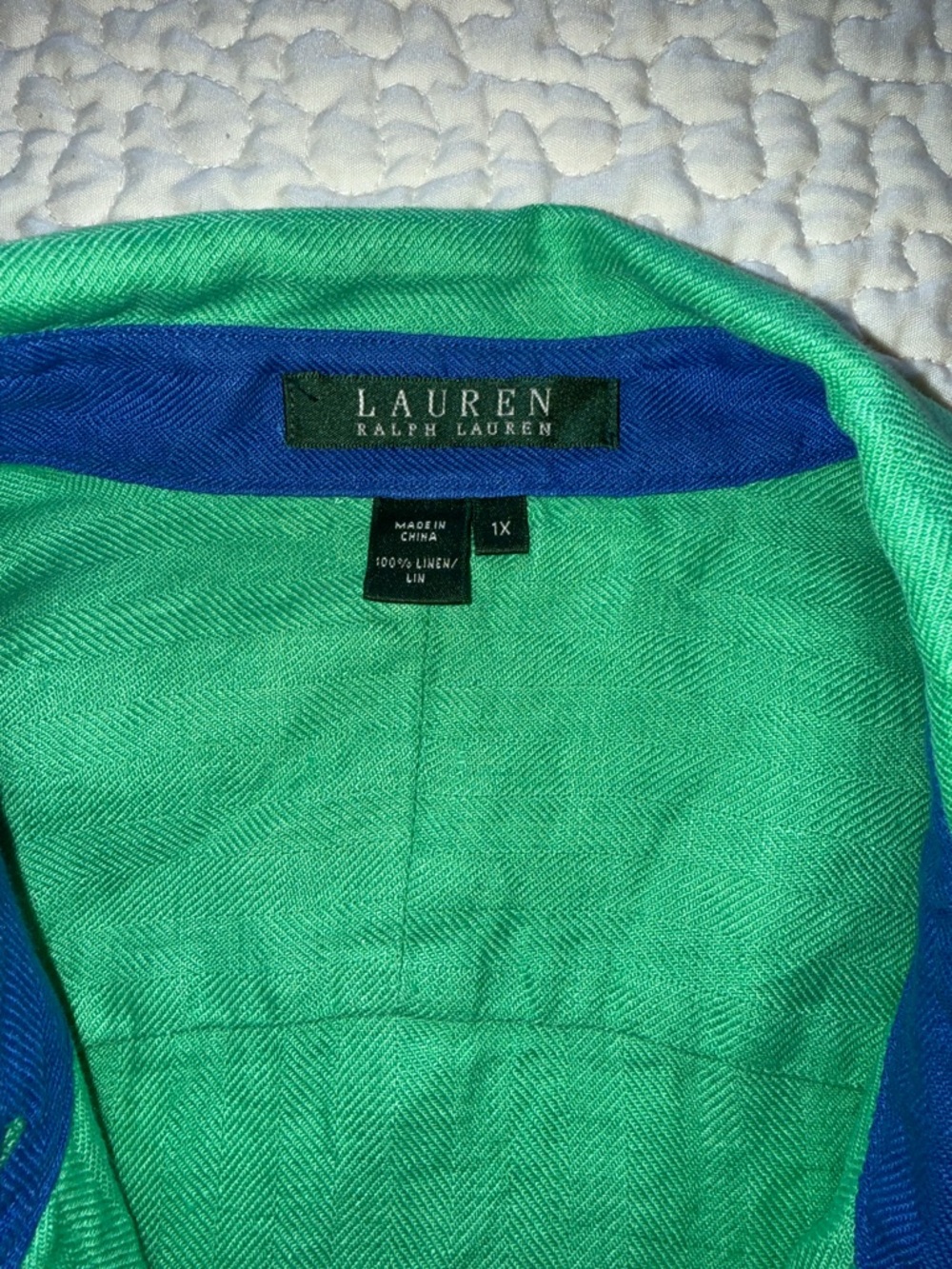 Lauren Ralph Lauren Linen Green Button Up Shirt Blue Contrast Trim Logo Crest 1X - Picture 7 of 12